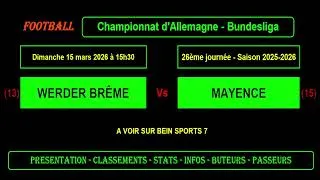 WERDER BRÊME - MAYENCE : 26ème journée Bundesliga - Football saison 2025/2026