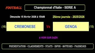 CREMONESE - GENOA : 25ème journée Série A - Match football - Saison 2025-2026