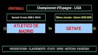 ATLÉTICO DE MADRID - GETAFE : 28ème journée Liga - Match football saison 2025-2026